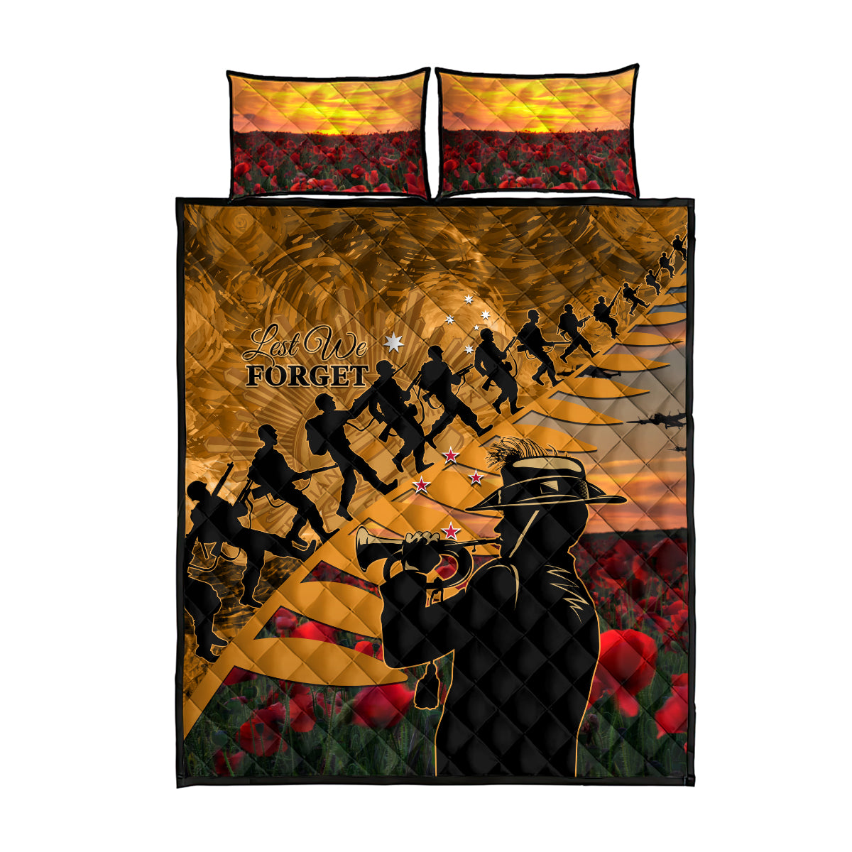 ANZAC Day 2024 Quilt Bed Set Silver Fern With A Trumpet Soldier LT01 - Polynesian Pride