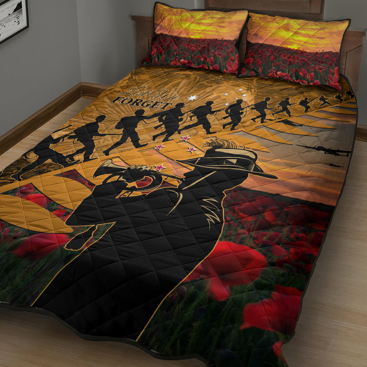 ANZAC Day 2024 Quilt Bed Set Silver Fern With A Trumpet Soldier LT01 - Polynesian Pride