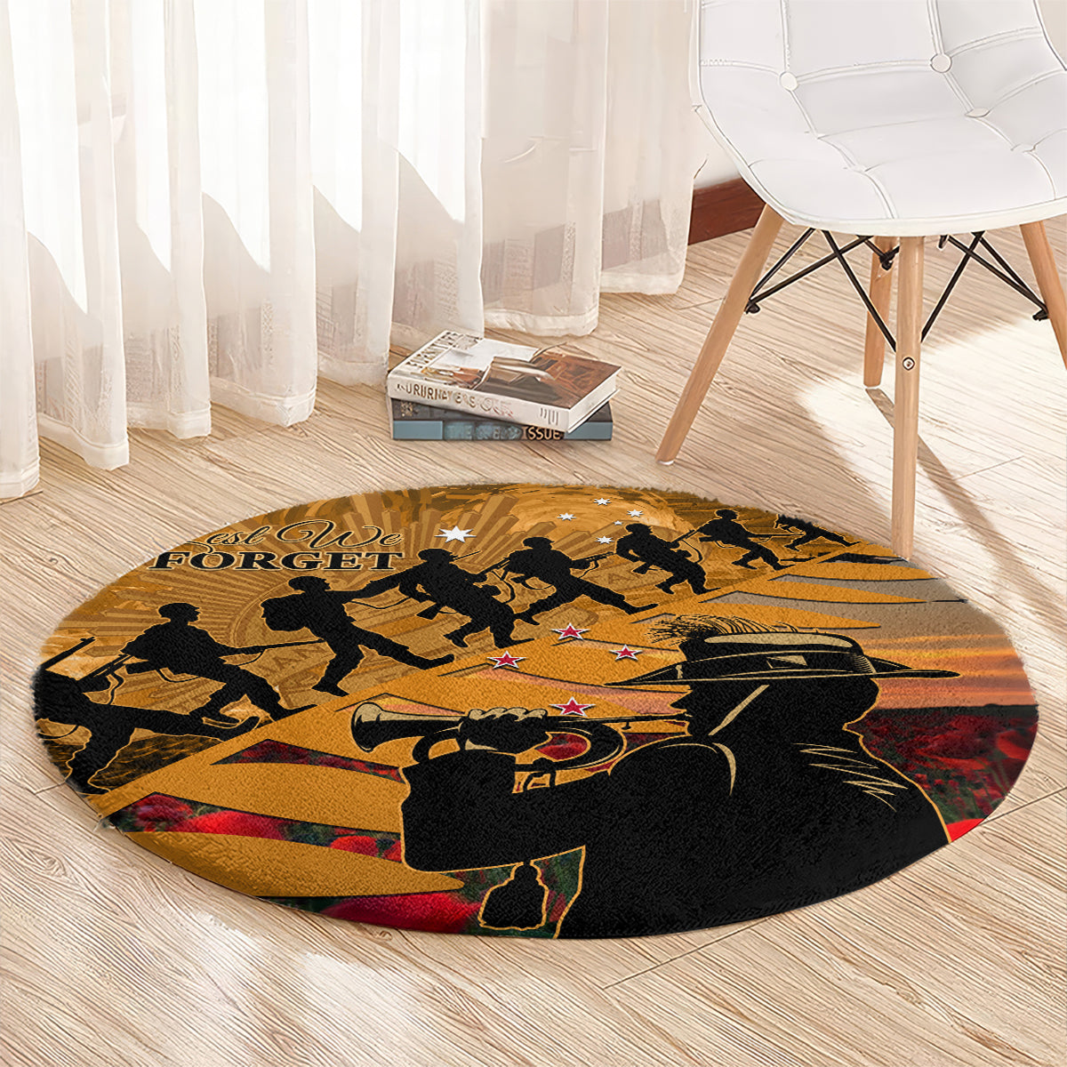 ANZAC Day 2024 Round Carpet Silver Fern With A Trumpet Soldier