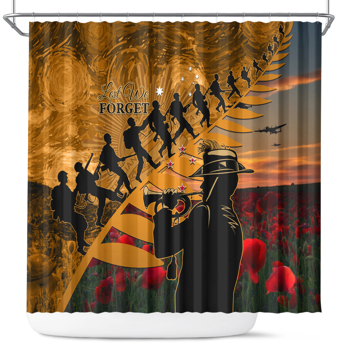 ANZAC Day 2024 Shower Curtain Silver Fern With A Trumpet Soldier