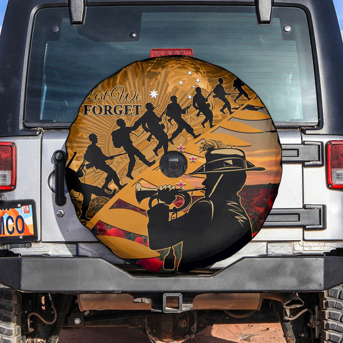 ANZAC Day 2024 Spare Tire Cover Silver Fern With A Trumpet Soldier LT01 Art - Polynesian Pride