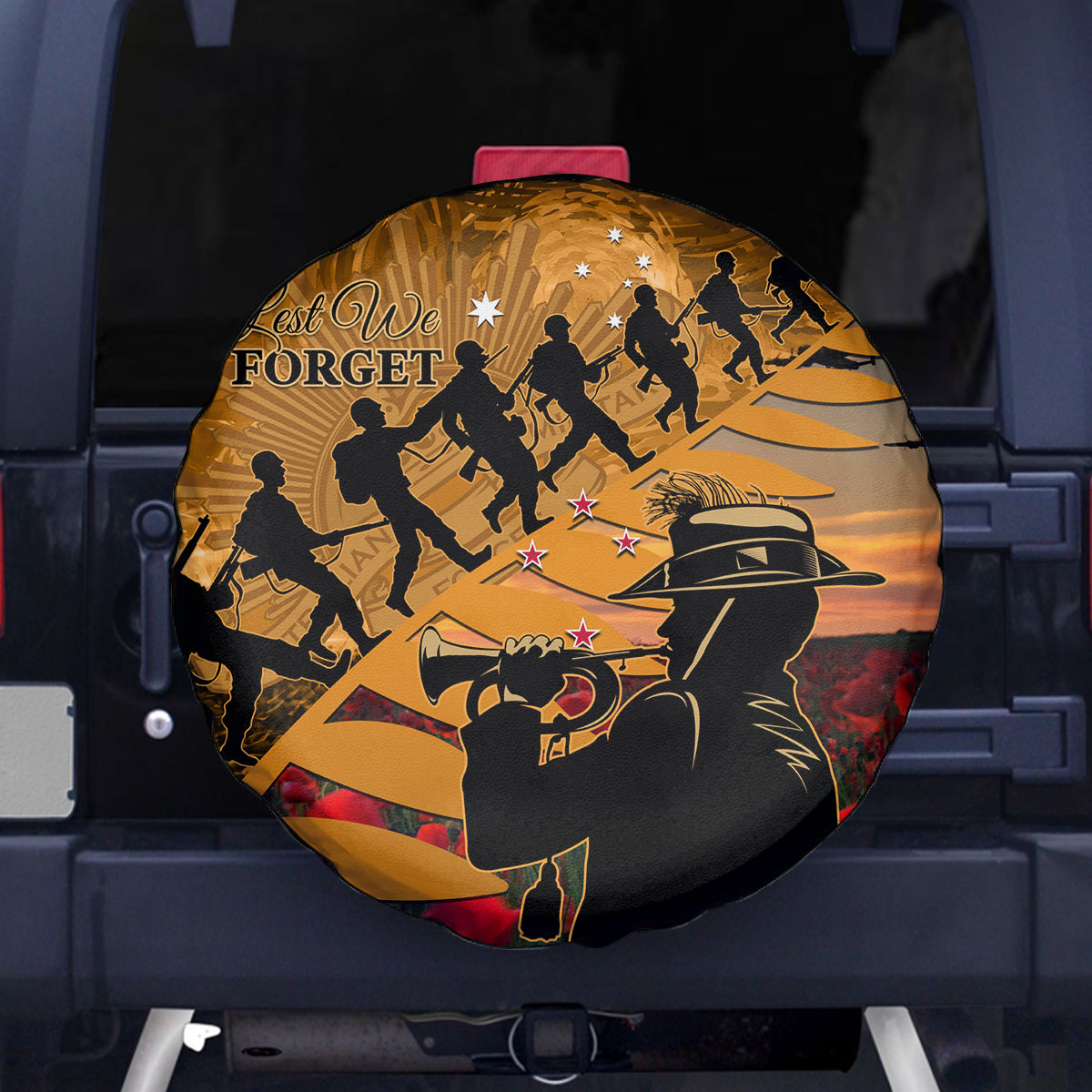 ANZAC Day 2024 Spare Tire Cover Silver Fern With A Trumpet Soldier LT01 - Polynesian Pride