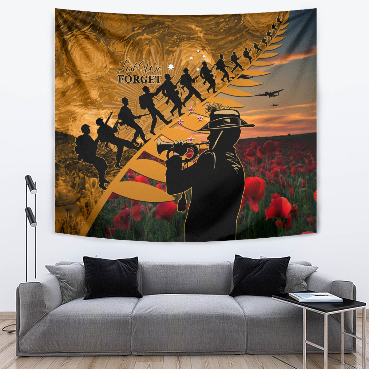 ANZAC Day 2024 Tapestry Silver Fern With A Trumpet Soldier LT01 Art - Polynesian Pride