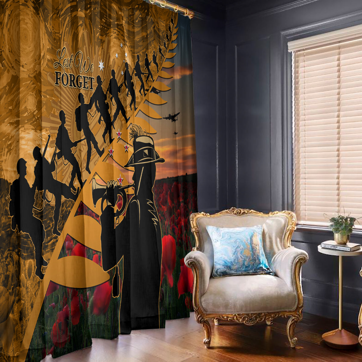 ANZAC Day 2024 Window Curtain Silver Fern With A Trumpet Soldier LT01 - Polynesian Pride