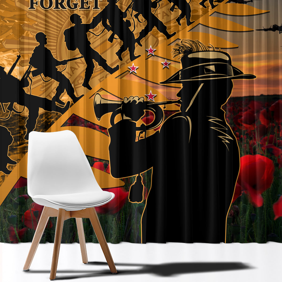 ANZAC Day 2024 Window Curtain Silver Fern With A Trumpet Soldier LT01 - Polynesian Pride