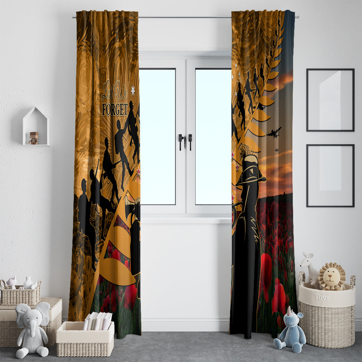 ANZAC Day 2024 Window Curtain Silver Fern With A Trumpet Soldier LT01 - Polynesian Pride