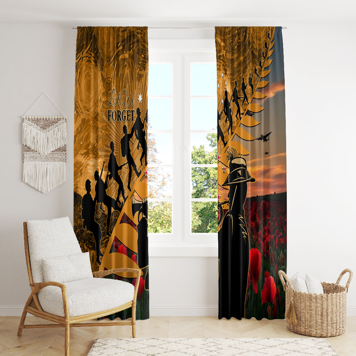 ANZAC Day 2024 Window Curtain Silver Fern With A Trumpet Soldier LT01 - Polynesian Pride