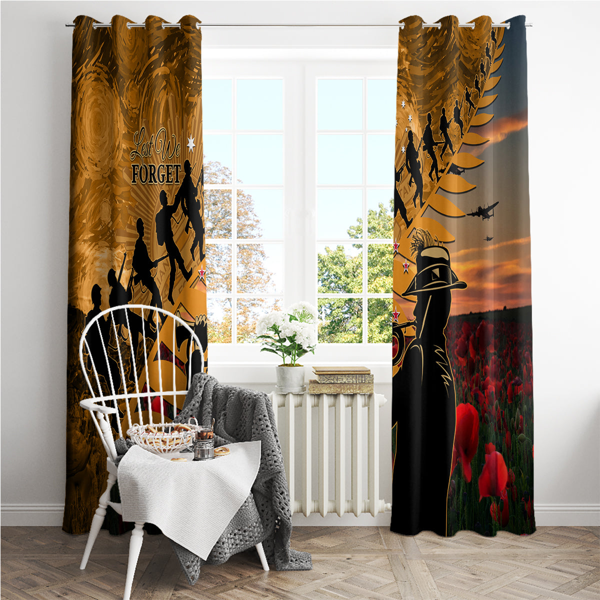 ANZAC Day 2024 Window Curtain Silver Fern With A Trumpet Soldier LT01 - Polynesian Pride