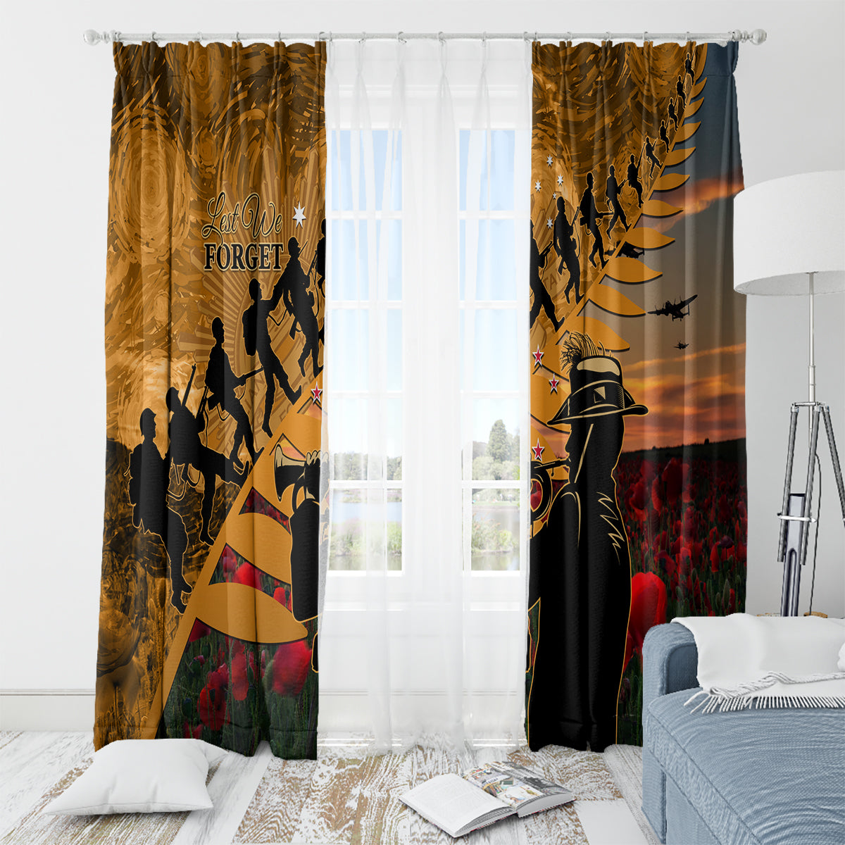 ANZAC Day 2024 Window Curtain Silver Fern With A Trumpet Soldier LT01 - Polynesian Pride