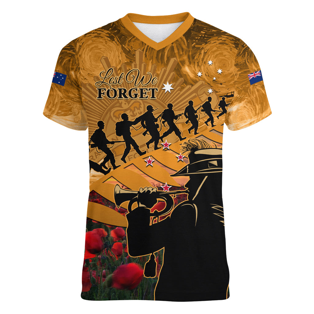 ANZAC Day 2024 Women V Neck T Shirt Silver Fern With A Trumpet Soldier LT01 Female Art - Polynesian Pride