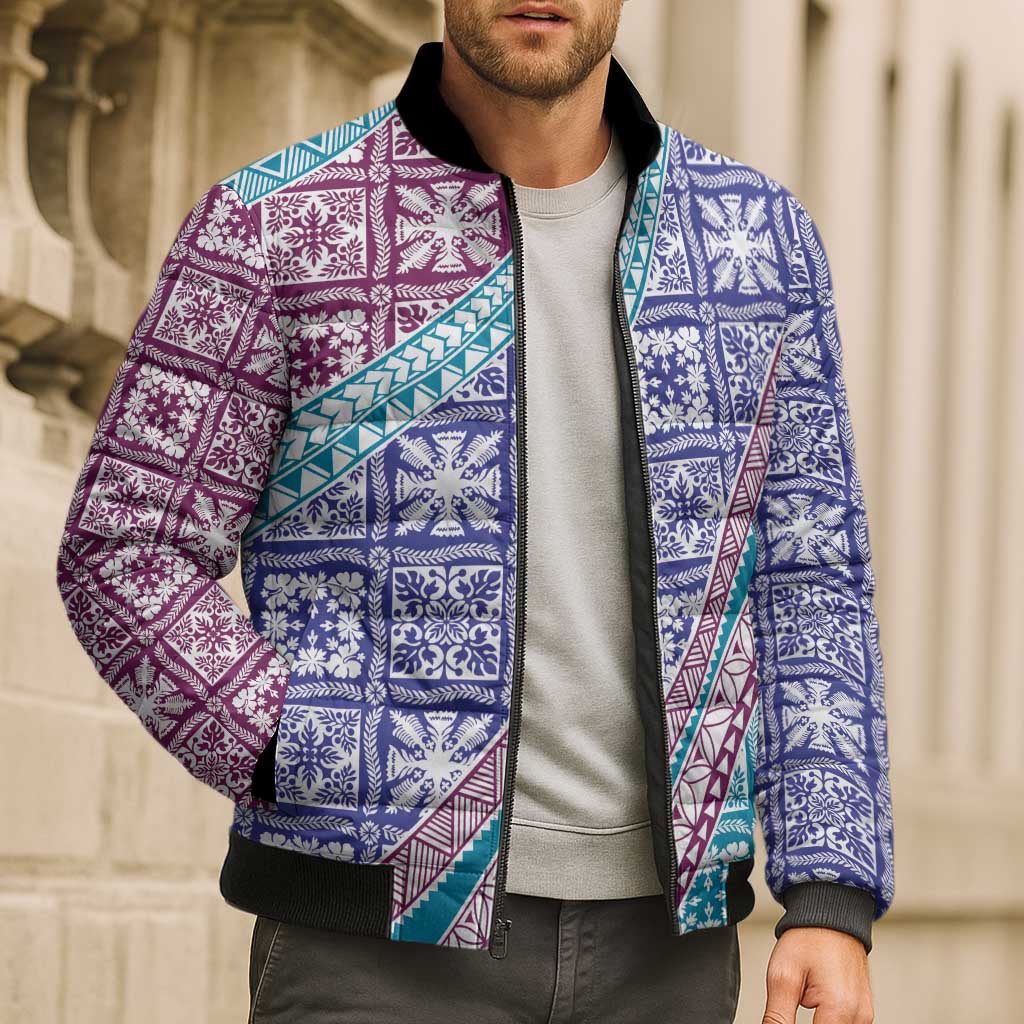 Hawaiian Quilt Pattern Bomber Puffer Jacket Purple Blue Color Mixed - Polynesian Pride