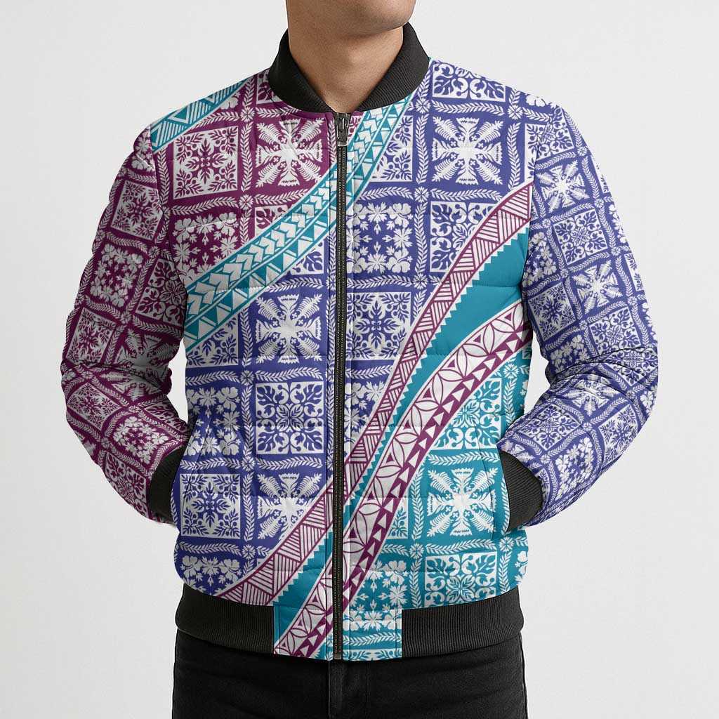 Hawaiian Quilt Pattern Bomber Puffer Jacket Purple Blue Color Mixed - Polynesian Pride