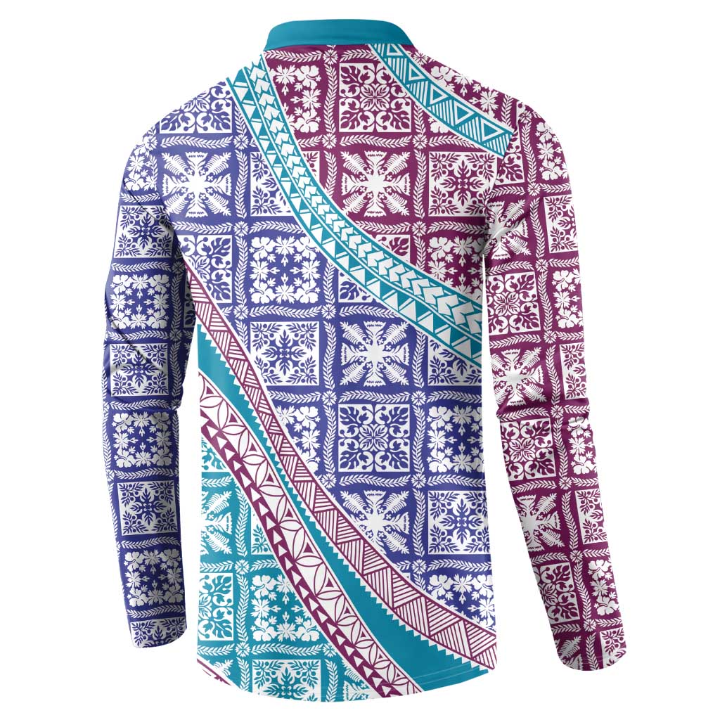 Hawaiian Quilt Pattern Button Sweatshirt Purple Blue Color Mixed - Polynesian Pride