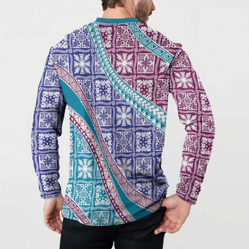 Hawaiian Quilt Pattern Button Sweatshirt Purple Blue Color Mixed - Polynesian Pride