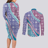 Hawaiian Quilt Pattern Couples Matching Long Sleeve Bodycon Dress and Long Sleeve Button Shirt Purple Blue Color Mixed - Polynesian Pride
