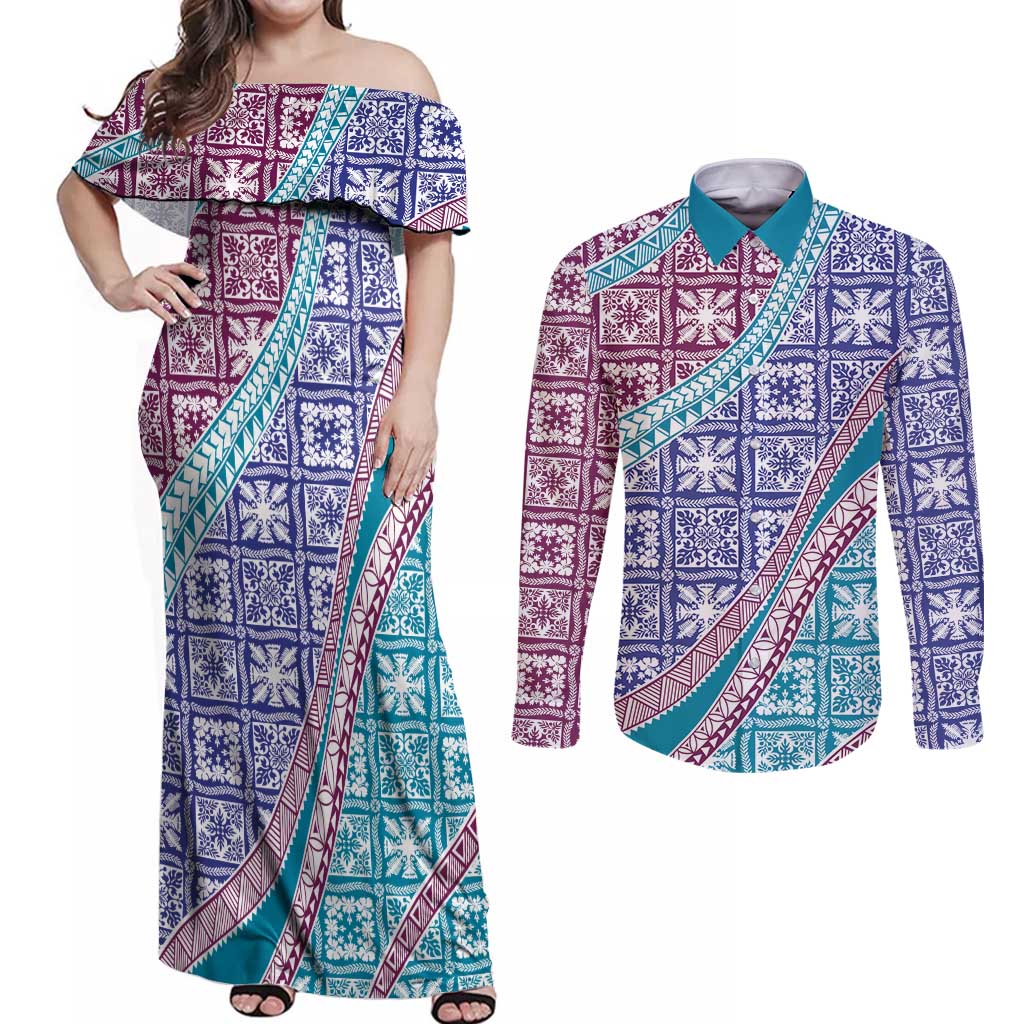 Hawaiian Quilt Pattern Couples Matching Off Shoulder Maxi Dress and Long Sleeve Button Shirt Purple Blue Color Mixed - Polynesian Pride
