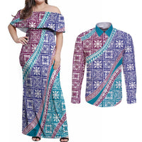 Hawaiian Quilt Pattern Couples Matching Off Shoulder Maxi Dress and Long Sleeve Button Shirt Purple Blue Color Mixed - Polynesian Pride