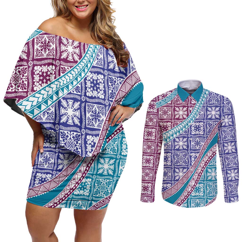 Hawaiian Quilt Pattern Couples Matching Off Shoulder Short Dress and Long Sleeve Button Shirt Purple Blue Color Mixed - Polynesian Pride