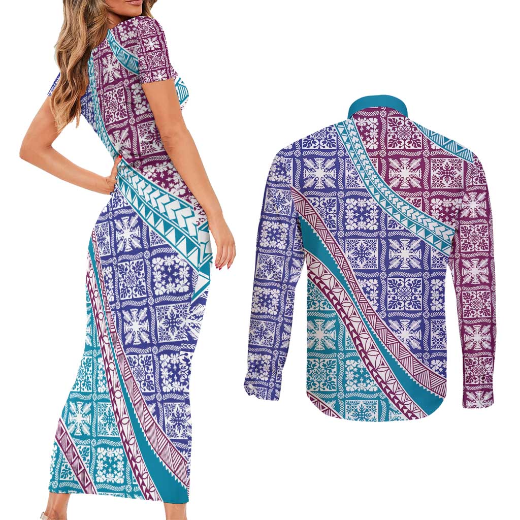 Hawaiian Quilt Pattern Couples Matching Short Sleeve Bodycon Dress and Long Sleeve Button Shirt Purple Blue Color Mixed - Polynesian Pride