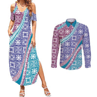 Hawaiian Quilt Pattern Couples Matching Summer Maxi Dress and Long Sleeve Button Shirt Purple Blue Color Mixed - Polynesian Pride