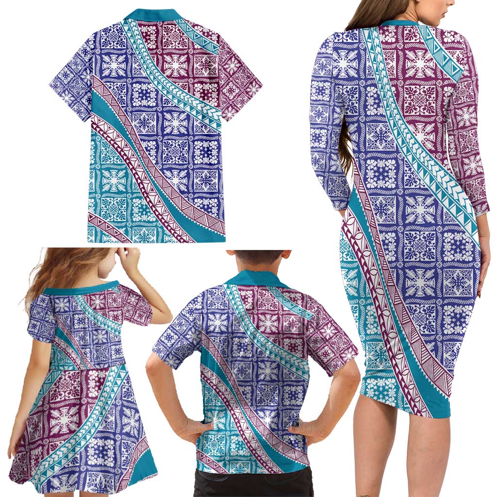 Hawaiian Quilt Pattern Family Matching Long Sleeve Bodycon Dress and Hawaiian Shirt Purple Blue Color Mixed - Polynesian Pride