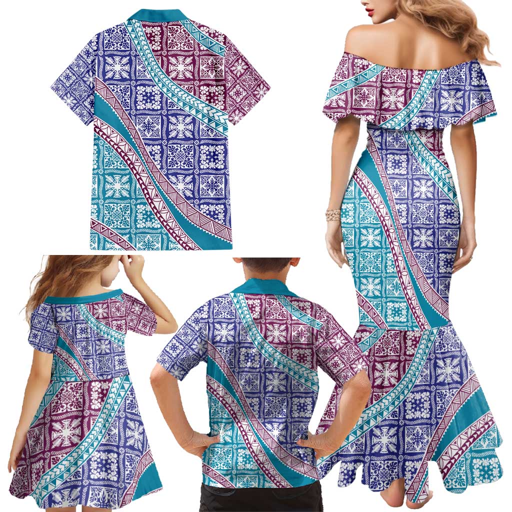 Hawaiian Quilt Pattern Family Matching Mermaid Dress and Hawaiian Shirt Purple Blue Color Mixed - Polynesian Pride
