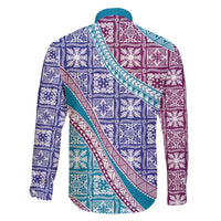 Hawaiian Quilt Pattern Family Matching Mermaid Dress and Hawaiian Shirt Purple Blue Color Mixed - Polynesian Pride