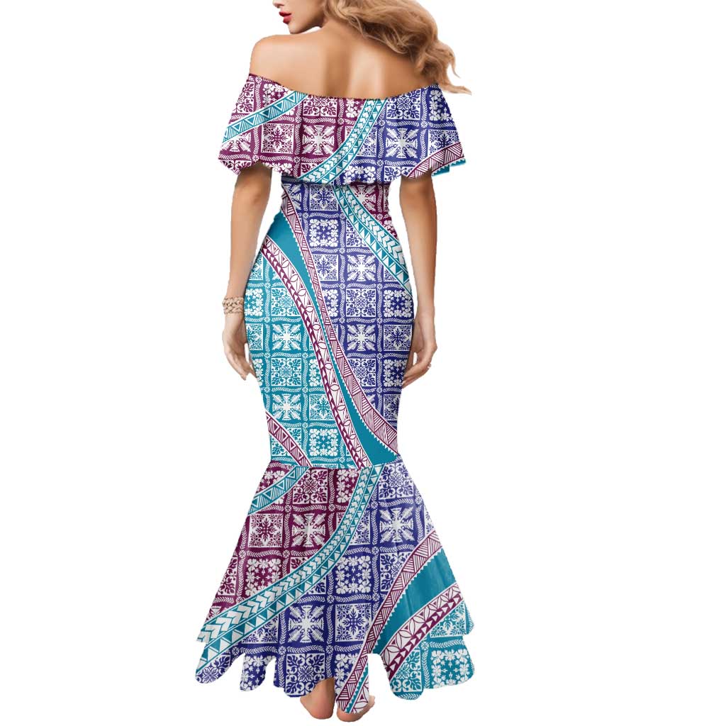 Hawaiian Quilt Pattern Family Matching Mermaid Dress and Hawaiian Shirt Purple Blue Color Mixed - Polynesian Pride