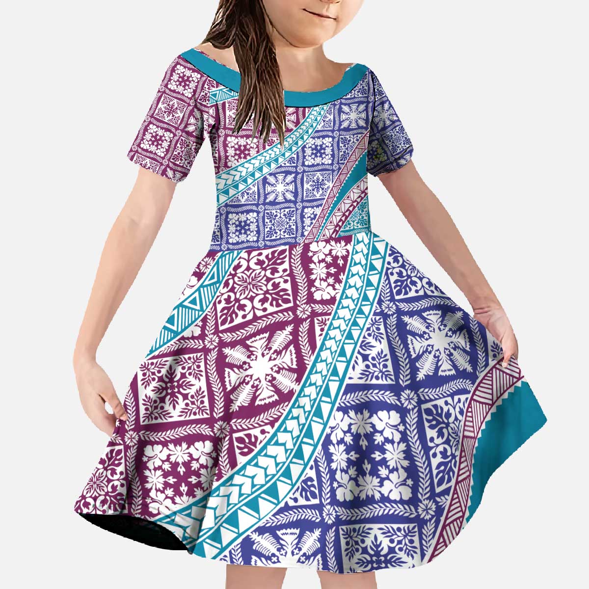 Hawaiian Quilt Pattern Family Matching Off The Shoulder Long Sleeve Dress and Hawaiian Shirt Purple Blue Color Mixed - Polynesian Pride