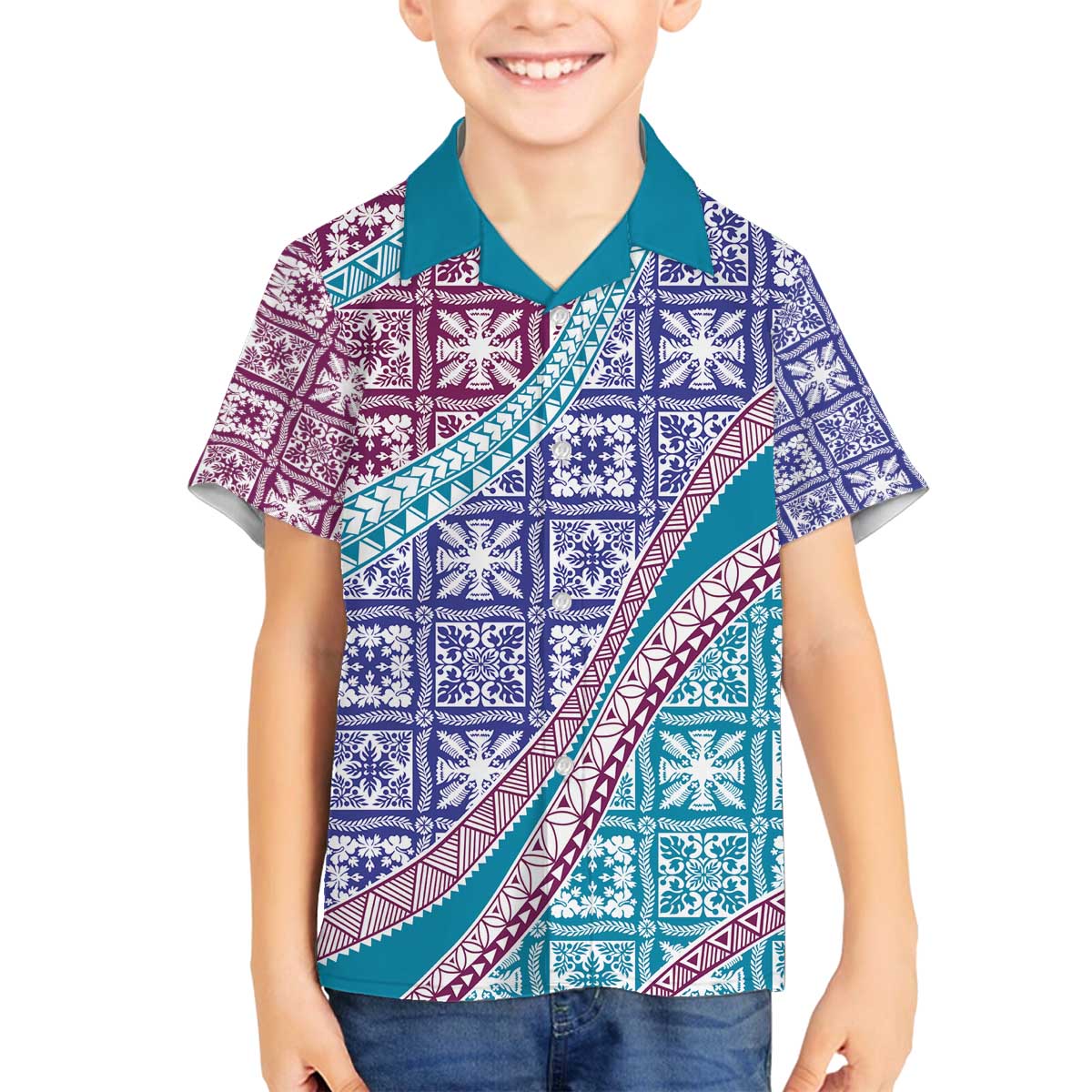Hawaiian Quilt Pattern Family Matching Off The Shoulder Long Sleeve Dress and Hawaiian Shirt Purple Blue Color Mixed - Polynesian Pride