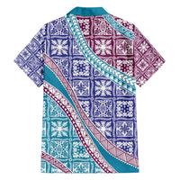 Hawaiian Quilt Pattern Family Matching Off Shoulder Maxi Dress and Hawaiian Shirt Purple Blue Color Mixed - Polynesian Pride