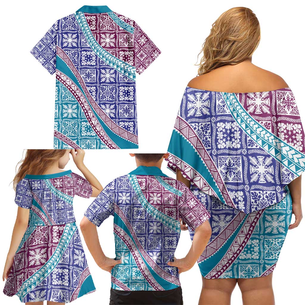 Hawaiian Quilt Pattern Family Matching Off Shoulder Short Dress and Hawaiian Shirt Purple Blue Color Mixed - Polynesian Pride