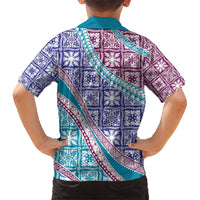 Hawaiian Quilt Pattern Family Matching Short Sleeve Bodycon Dress and Hawaiian Shirt Purple Blue Color Mixed - Polynesian Pride