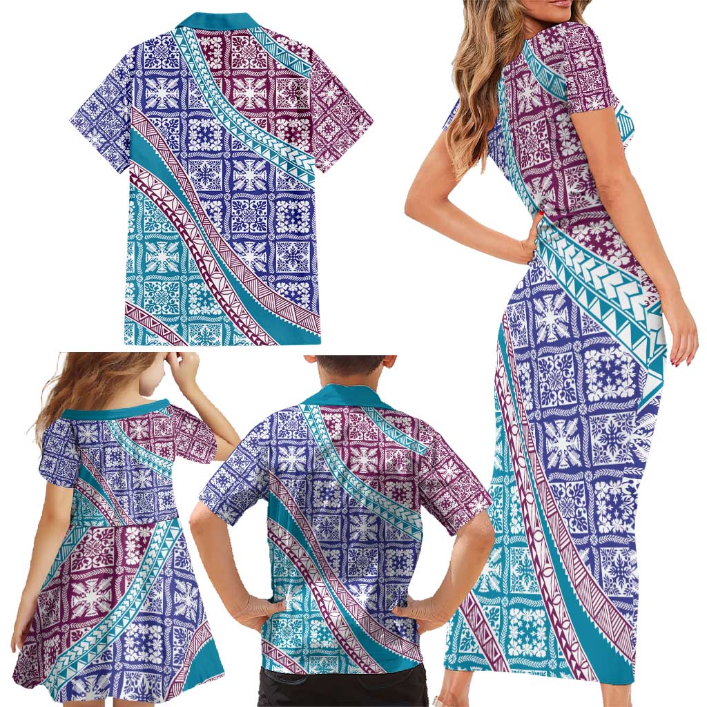 Hawaiian Quilt Pattern Family Matching Short Sleeve Bodycon Dress and Hawaiian Shirt Purple Blue Color Mixed - Polynesian Pride