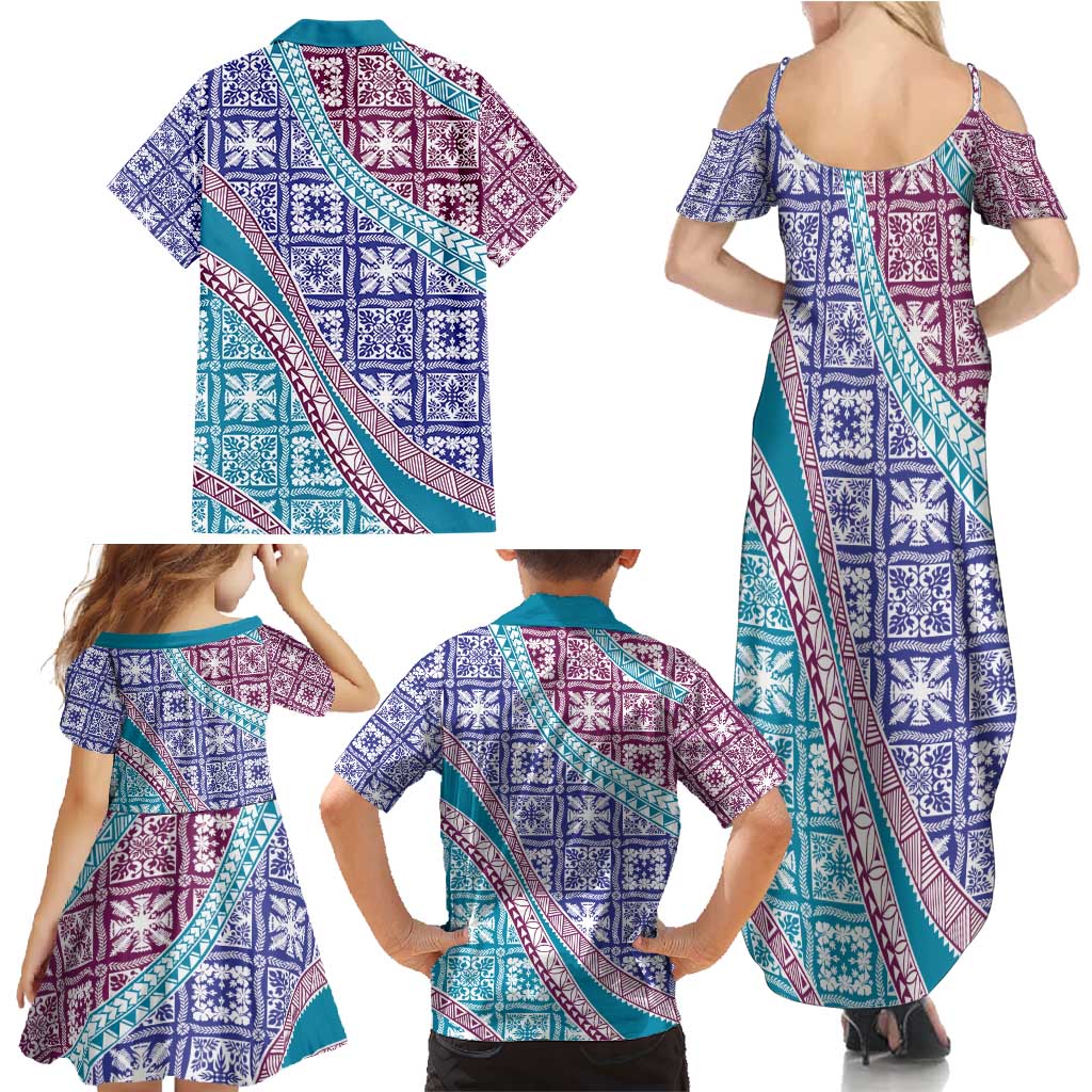 Hawaiian Quilt Pattern Family Matching Summer Maxi Dress and Hawaiian Shirt Purple Blue Color Mixed - Polynesian Pride