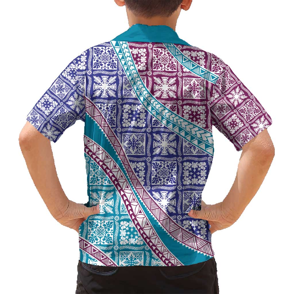 Hawaiian Quilt Pattern Family Matching Tank Maxi Dress and Hawaiian Shirt Purple Blue Color Mixed - Polynesian Pride