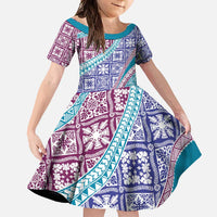 Hawaiian Quilt Pattern Family Matching Tank Maxi Dress and Hawaiian Shirt Purple Blue Color Mixed - Polynesian Pride