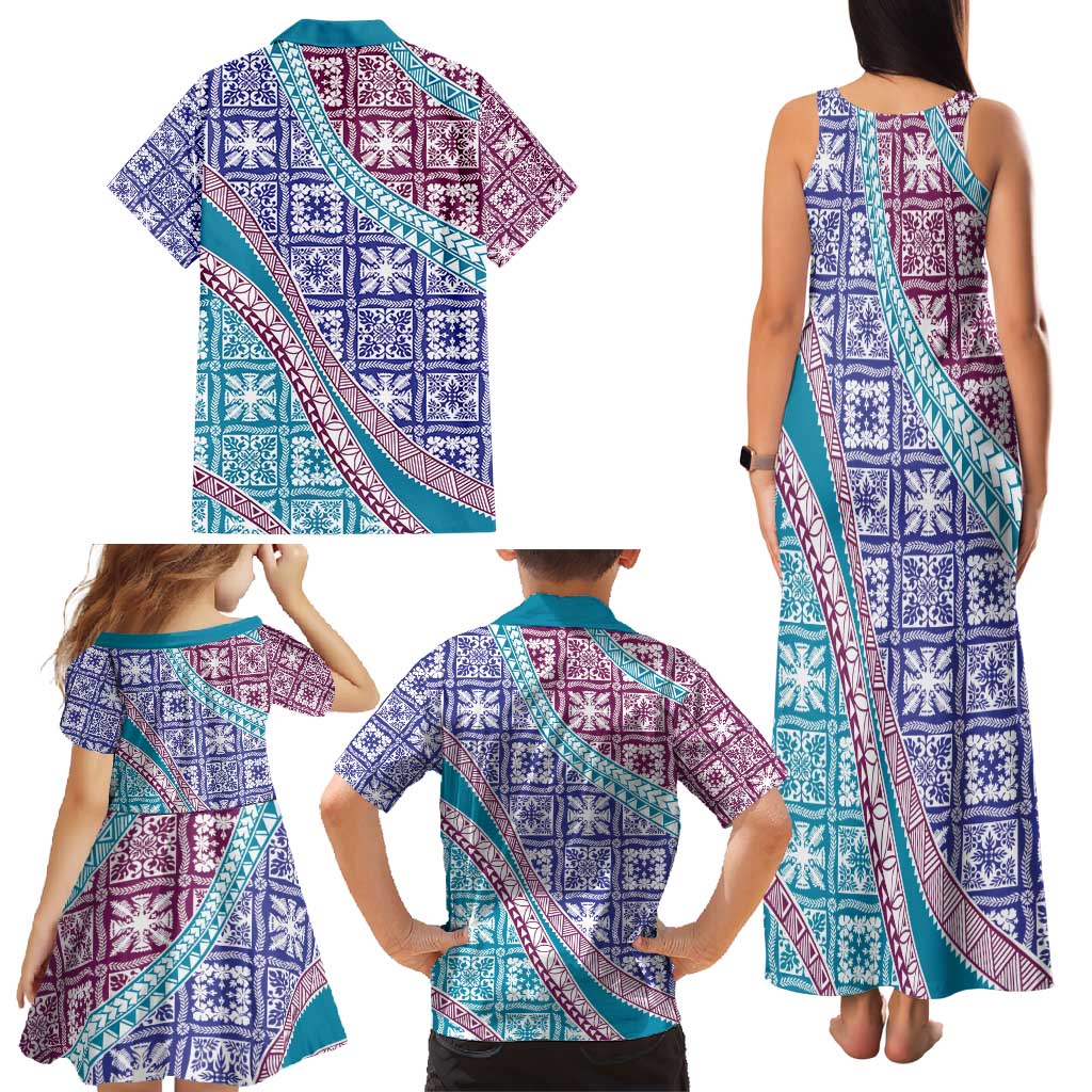 Hawaiian Quilt Pattern Family Matching Tank Maxi Dress and Hawaiian Shirt Purple Blue Color Mixed - Polynesian Pride