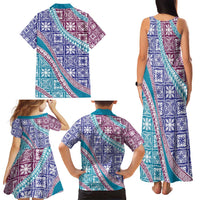 Hawaiian Quilt Pattern Family Matching Tank Maxi Dress and Hawaiian Shirt Purple Blue Color Mixed - Polynesian Pride