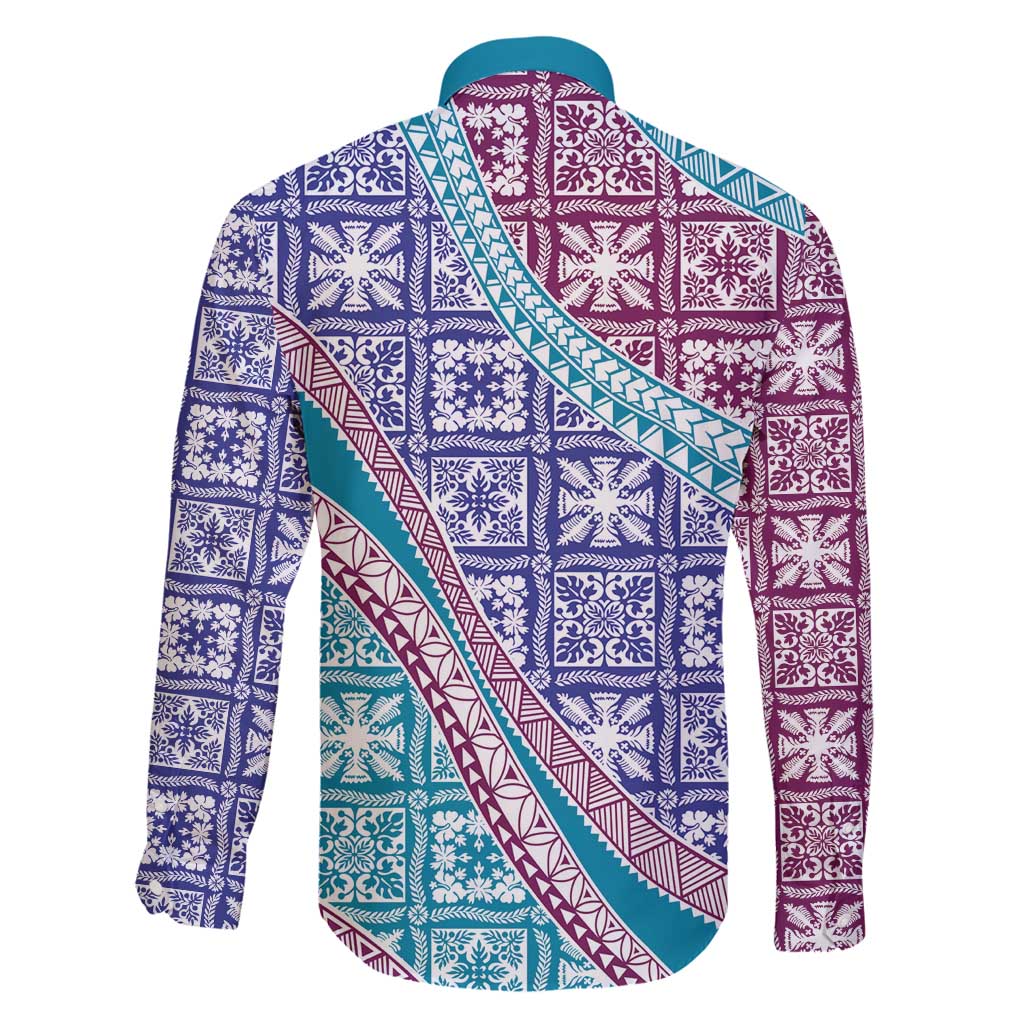 Hawaiian Quilt Pattern Family Matching Tank Maxi Dress and Hawaiian Shirt Purple Blue Color Mixed - Polynesian Pride