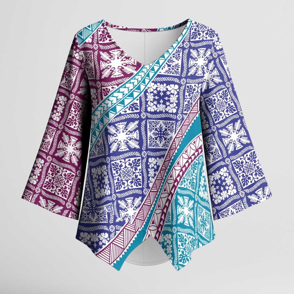 Hawaiian Quilt Pattern Kimono Sleeve Blouse Purple Blue Color Mixed - Polynesian Pride