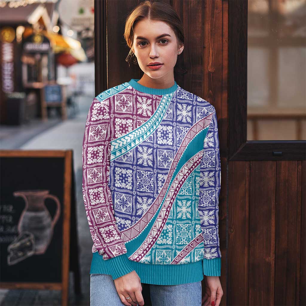 Hawaiian Quilt Pattern Ugly Christmas Sweater Purple Blue Color Mixed - Polynesian Pride