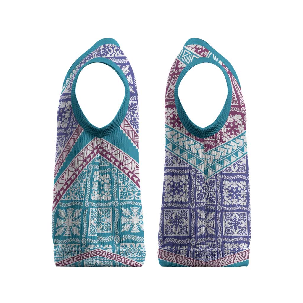 Hawaiian Quilt Pattern Christmas Knitted V-Neck Vest Purple Blue Color Mixed - Polynesian Pride