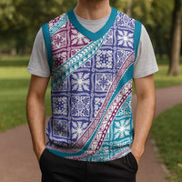 Hawaiian Quilt Pattern Christmas Knitted V-Neck Vest Purple Blue Color Mixed - Polynesian Pride