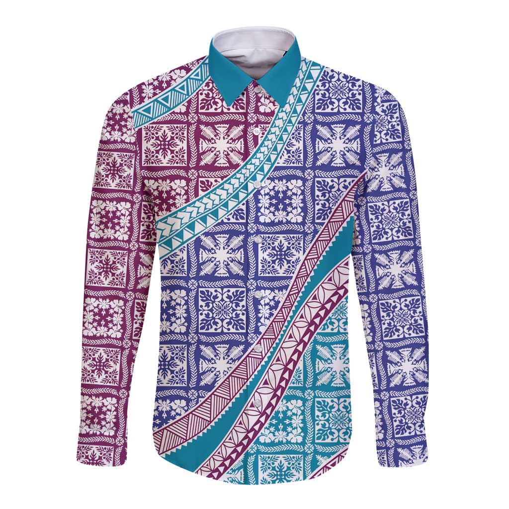 Hawaiian Quilt Pattern Long Sleeve Button Shirt Purple Blue Color Mixed - Polynesian Pride