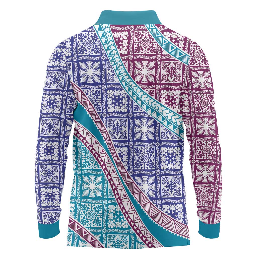 Hawaiian Quilt Pattern Long Sleeve Polo Shirt Purple Blue Color Mixed - Polynesian Pride
