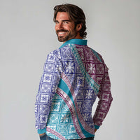 Hawaiian Quilt Pattern Long Sleeve Polo Shirt Purple Blue Color Mixed - Polynesian Pride