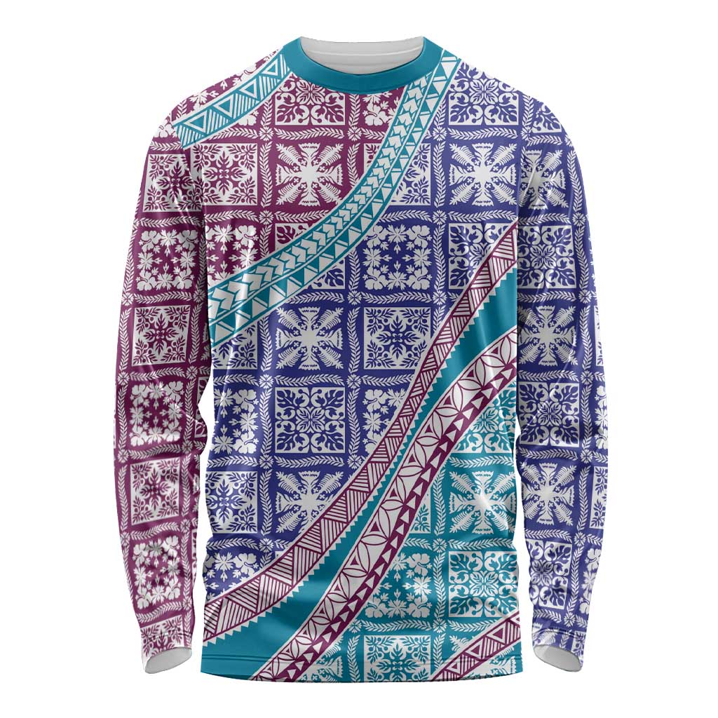 Hawaiian Quilt Pattern Long Sleeve Shirt Purple Blue Color Mixed - Polynesian Pride
