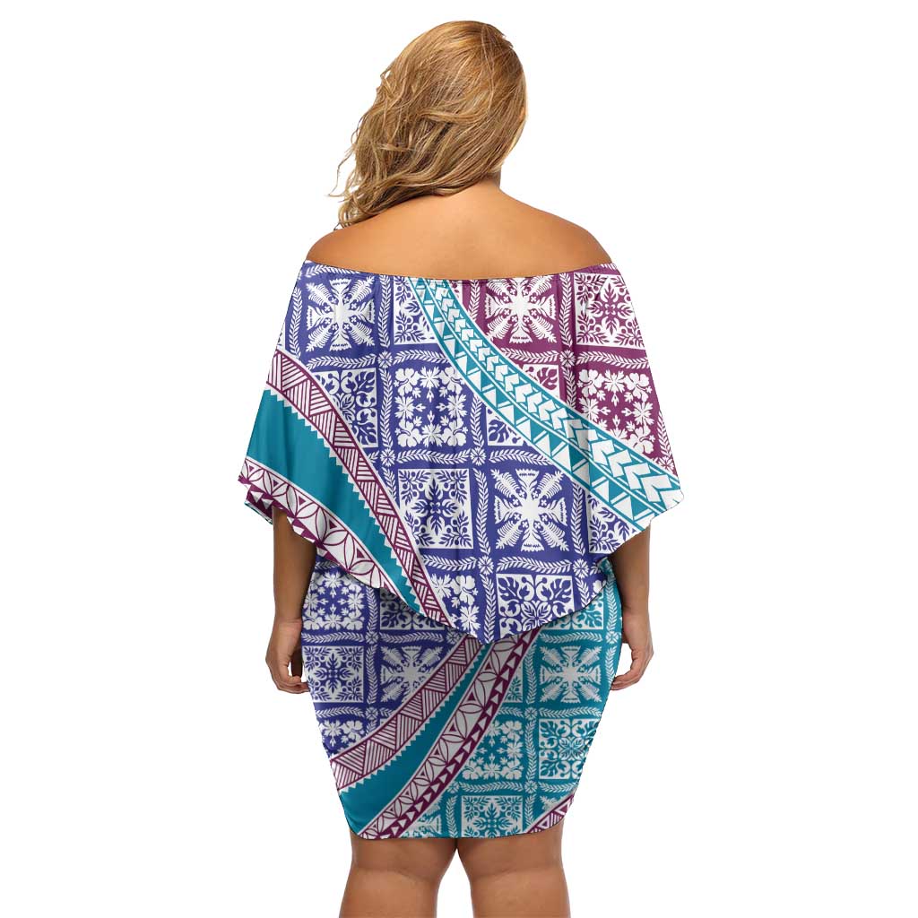 Hawaiian Quilt Pattern Off Shoulder Short Dress Purple Blue Color Mixed - Polynesian Pride