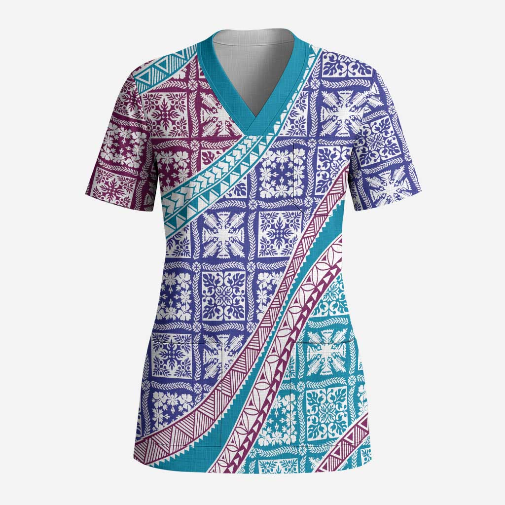 Hawaiian Quilt Pattern Scrub Top Purple Blue Color Mixed - Polynesian Pride